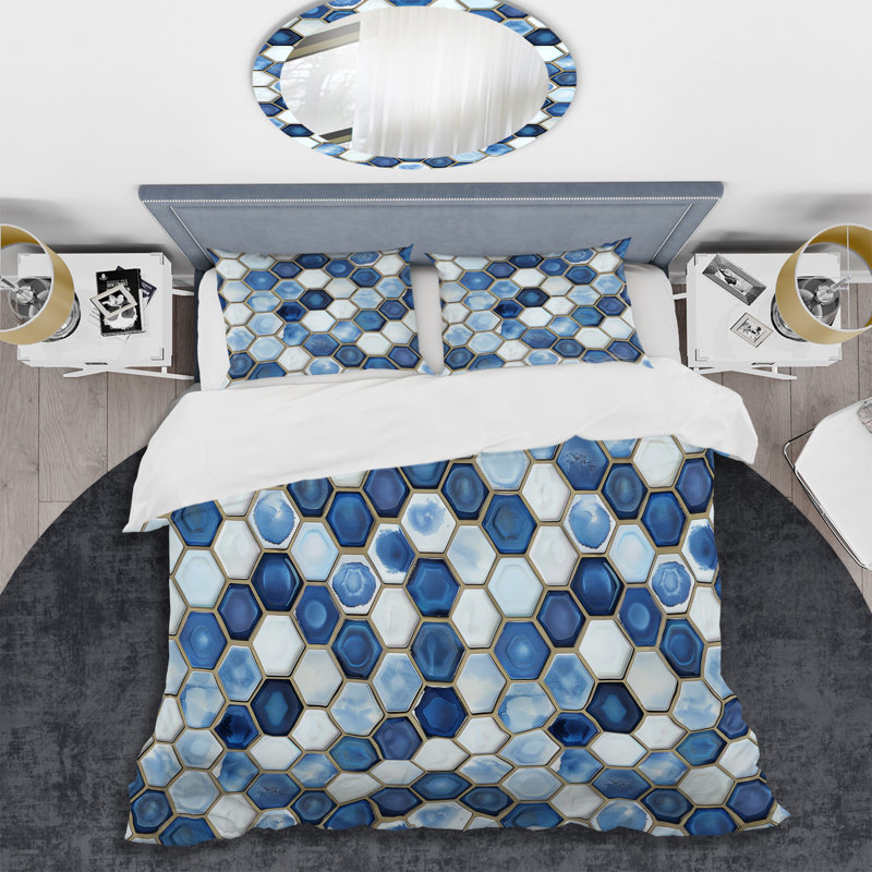 Ensemble de housse de couette moderne à imprimé hexagonal bleu et blanc VI, Housse de couette très grand + 2 très grandes ta