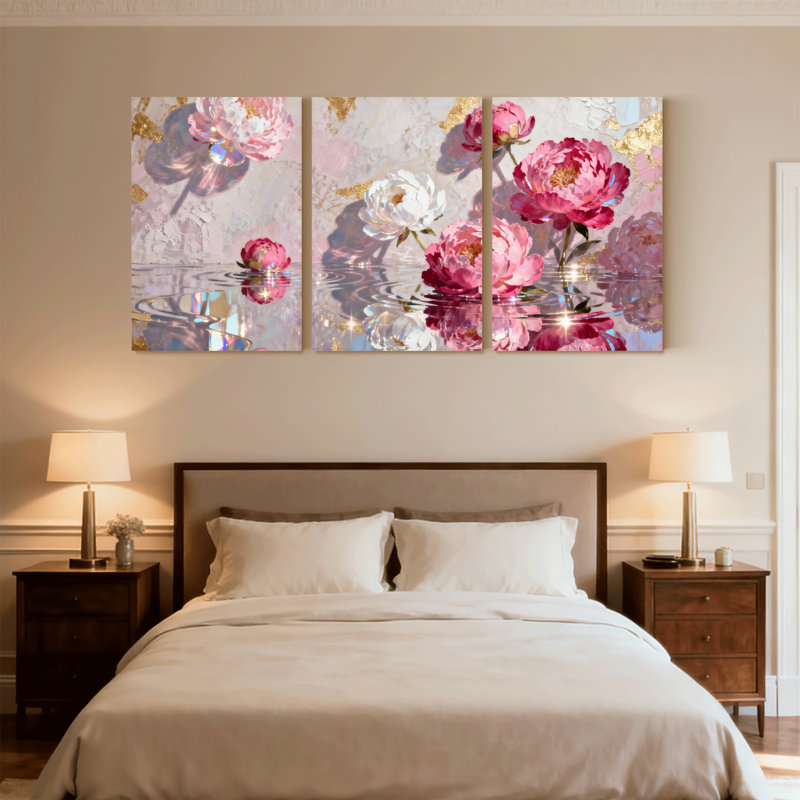 Plantes et fleurs, reflets floraux avec pivoines roses et blanches, ensemble de 3 impressions sur toile, H 18 po x l 36 po