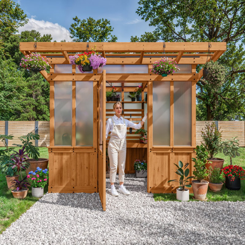 Cedar Wood and Polycarbonate Walk-In Greenhouse with Trellis