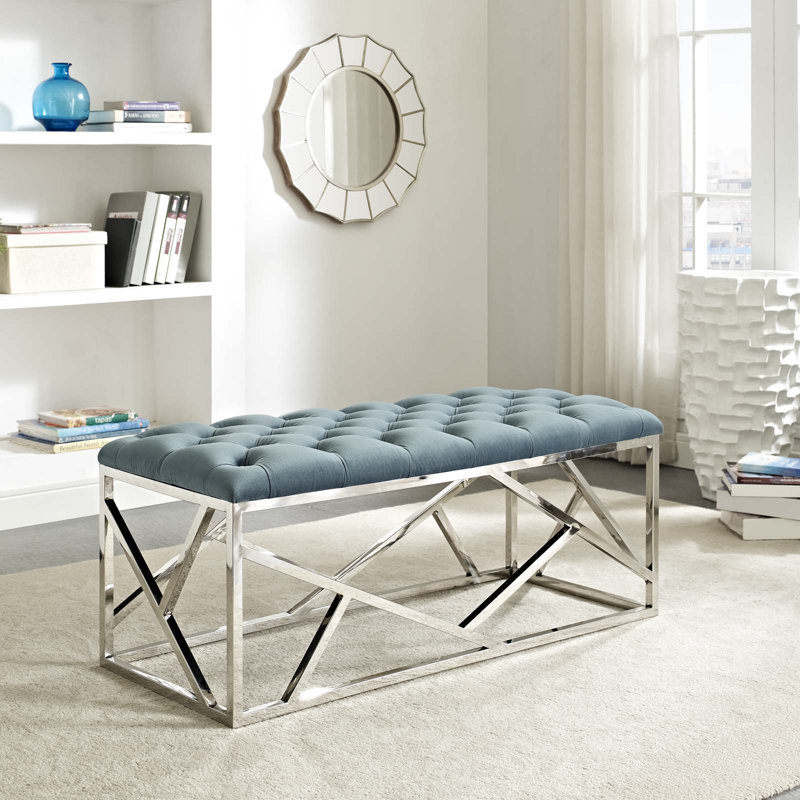 Modway Orchid Sebastian Button-tufted Bench, Sea Blue, Silver
