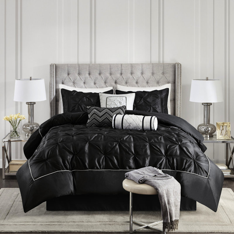 Édredon 7 pièces Glorious Black King - 100%, comprend 2 taies décoratives, 3 coussins décoratifs, 1 édredon, jupe de lit au design magnifique, jupe, lavable