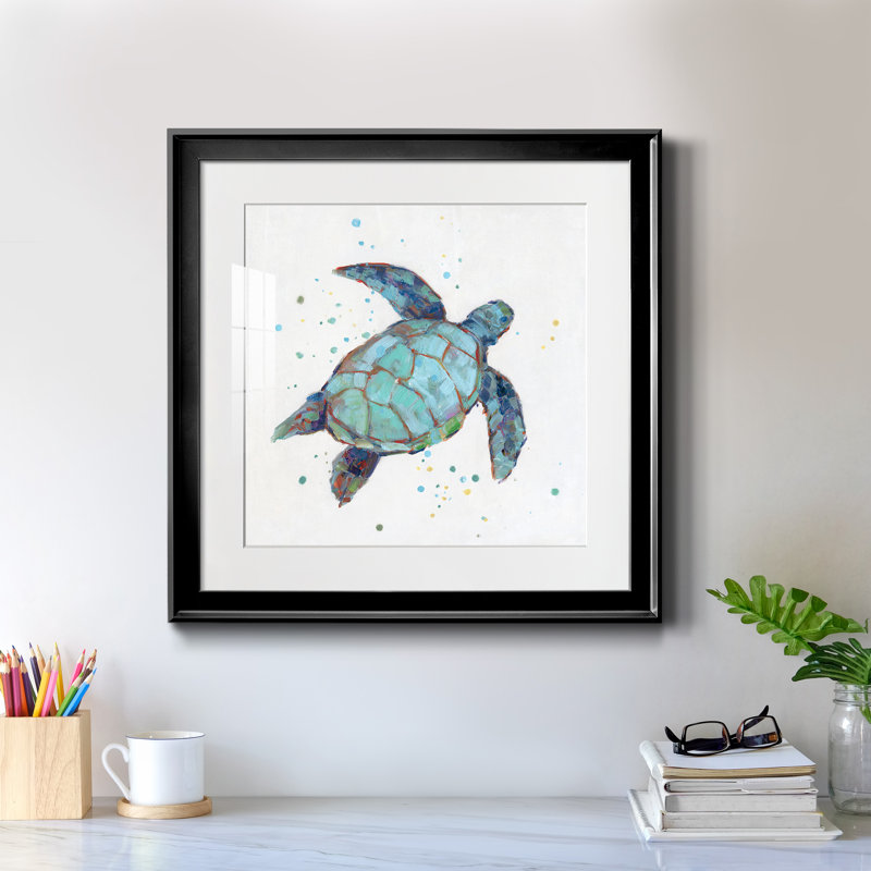 Bulle bleue tortue I - peinture encadrée, Toile avec cadre noir, H 17,5 po x l 17,5 po x P 1,5 po
