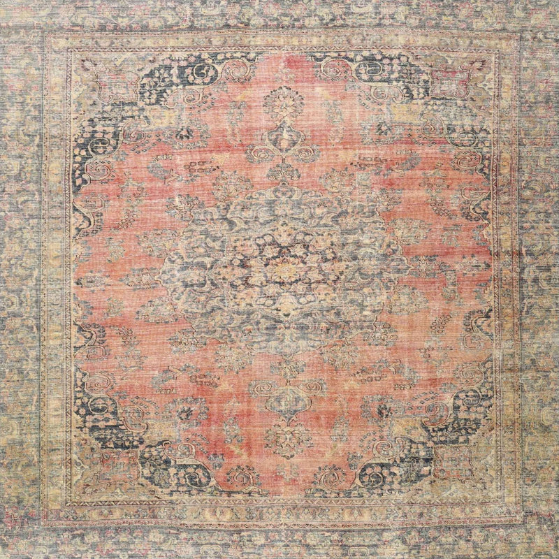 Tapis traditionnel rouge / vert, Carré 8 pi