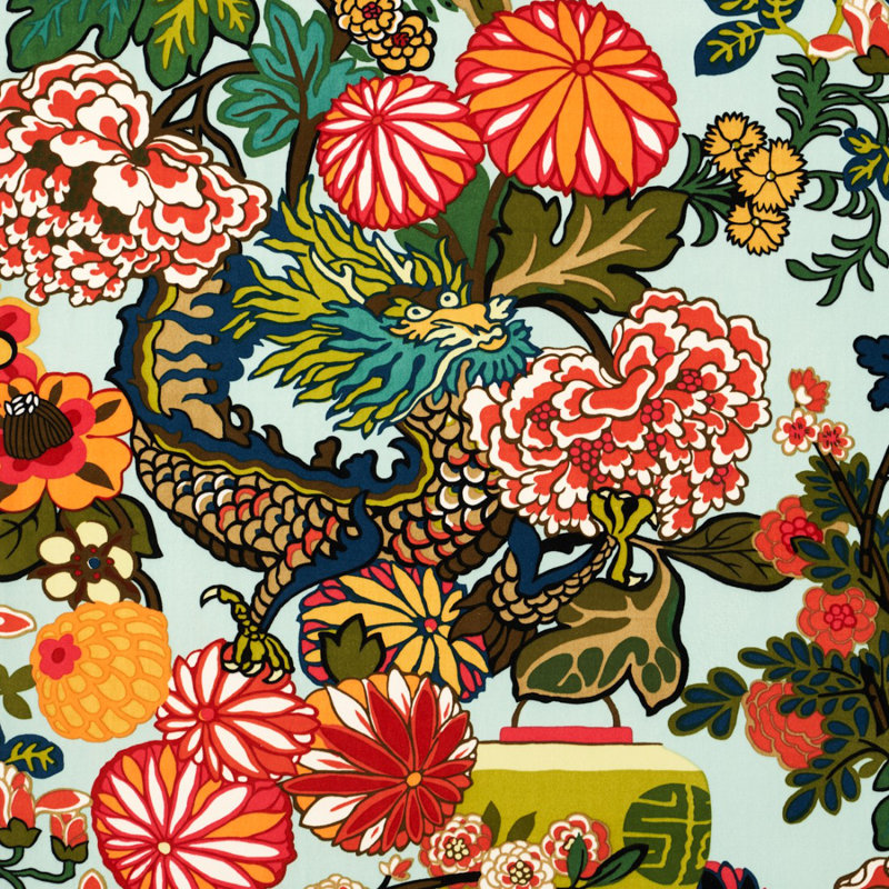 Chiang Mai Dragon Velvet Fabric, Aquamarine