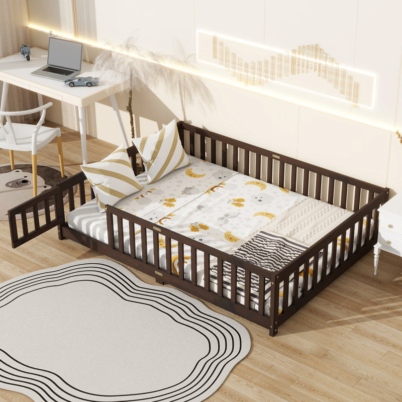 Alice Floor Bed with Fence, Door & Wooden Frame, Espresso