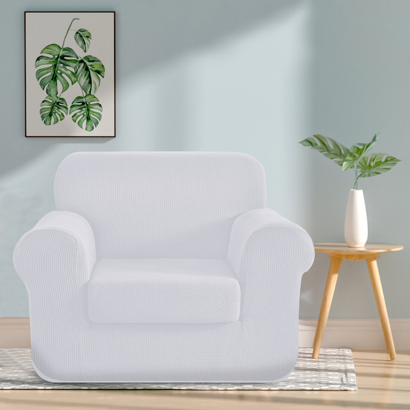 Textured Grid Stretch Soft Box Cushion Armchair Slipcover, White