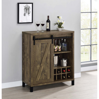 Rustic Oak Bar Cabinet With Sliding Door, Adjustable Shelves And Black Steel Legs Barn Door In Oak, Great For Dining Room Arrangement