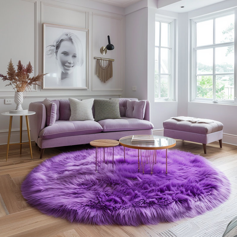 Tapis mauve en polyester tissé à la machine de couleur unie Rhonda, Rond 5 pi 11 po