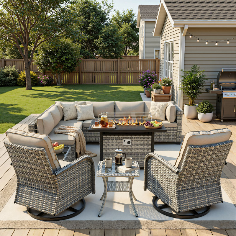 11-Piece Outdoor Patio Conversation Set With Propane Fire Pit Table, 7-Piece Wicker Sectional Sofa & Coffee Table, 2 Swivel Rocking Chairs & Side Table