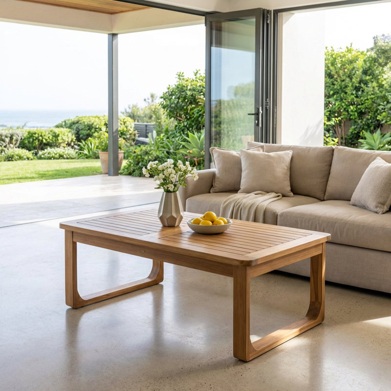Table basse d'extérieur rectangulaire avec pieds incurvés, fabrication en bois massif durable et résistant aux intempéries, design minimaliste moderne