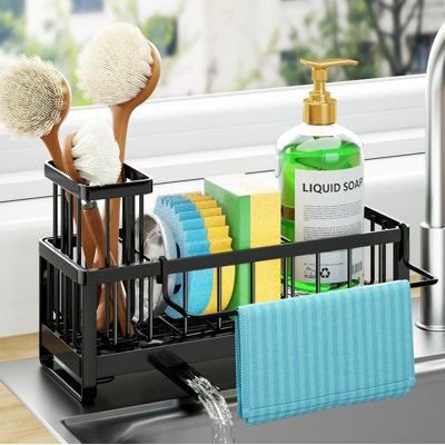Sponge Holder for Kitchen Sink - Self-draining Sink Caddy with Brush and Dishcloth Holders, Stainless Steel