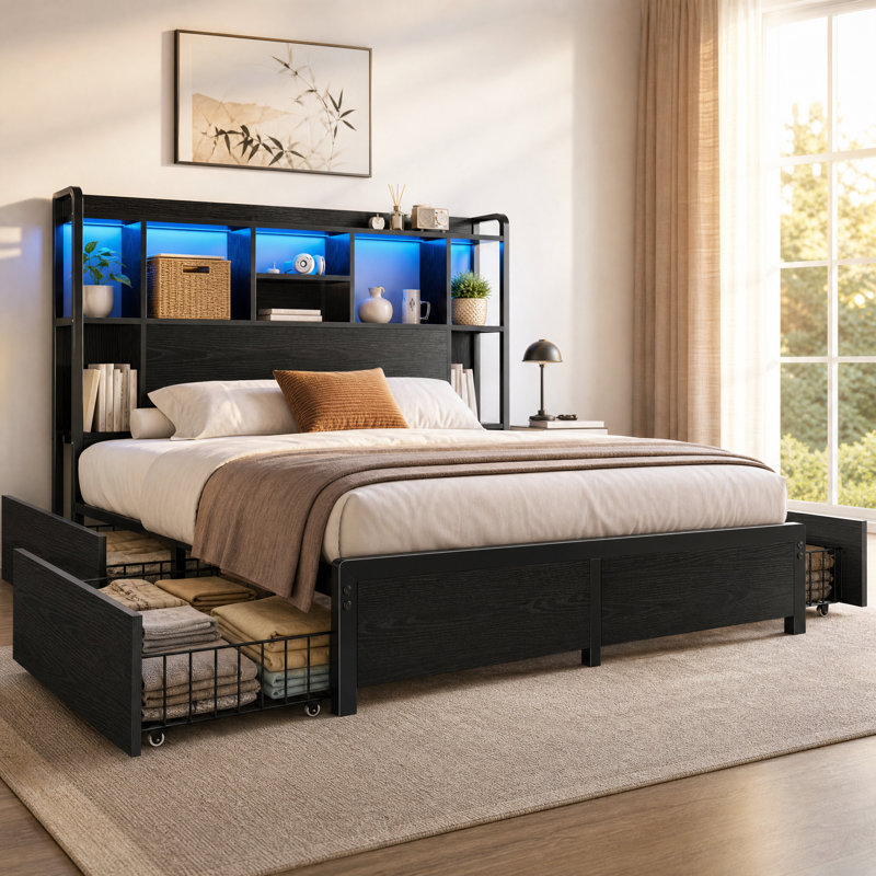 Haute tête de lit double avec 4 tiroirs de rangement et charge USB intégrée, éclairage à DEL réglable, noir, Noir, Double