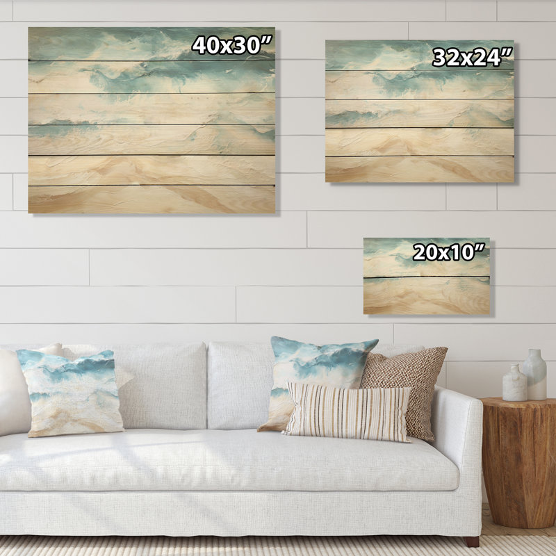 «Modern Coastal Beige and Blue Beach I», art mural en bois océan côtier sur bois de pin naturel, H 10 po x l 20 po