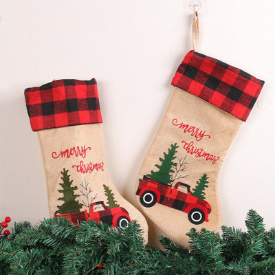 18 Inch Plaid Burlap Christmas Stockings, Christmas Tree Flower Santa Claus Printed Stocking, Xmas Candy Present Stockings For Christmas Fireplace Hanging Decoration, 2pcs