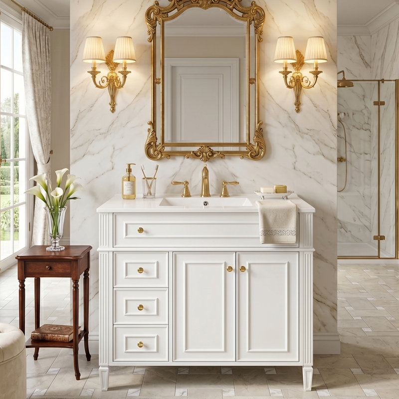 Meuble-lavabo autoportant moderne 36 po avec lavabo en céramique, armoire en bois massif avec tiroir rabattable et support de porte intégré, quincaillerie dorée (blanc / vert)