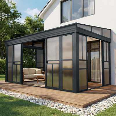 Pavillon de jardin 10 'X 16', solarium extérieur en polycarbonate avec porte coulissante et panneaux de fenêtre réglables, véranda de patio fermée avec moustiquaire