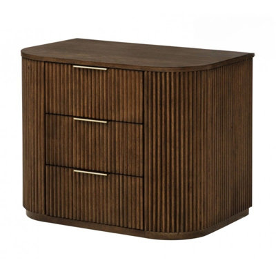 Fluted Solid Wood Nightstand, Modern Bedroom Furniture 3-Drawer Bedside Table, Brown