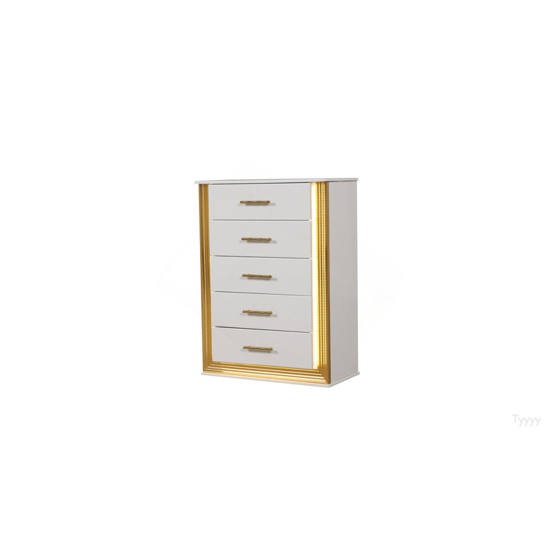 Commode 5 tiroirs de style contemporain Obsession en bois et finition dorée