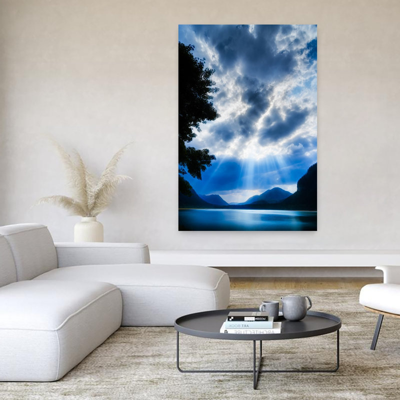 God Rays Over Sylvenstein Lake, Bavaria, Germany Abstract Contemporary Forest Landscape Wall Art, H 60 po x l 40 po
