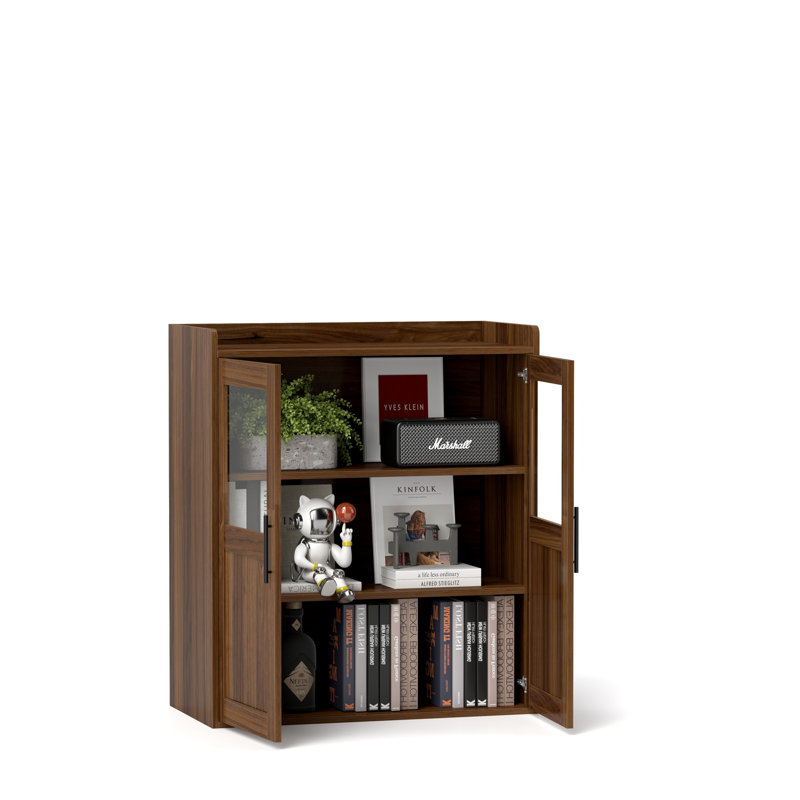 Cheadle 31.4" W Modern Walnut Double Door Side Cabinet With Glass Panels & Bow Handles