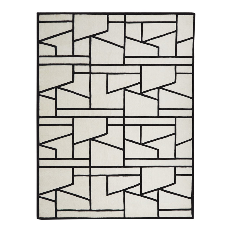 Black and Ivory Geometric Wool Tufted Rug 6' x 9'