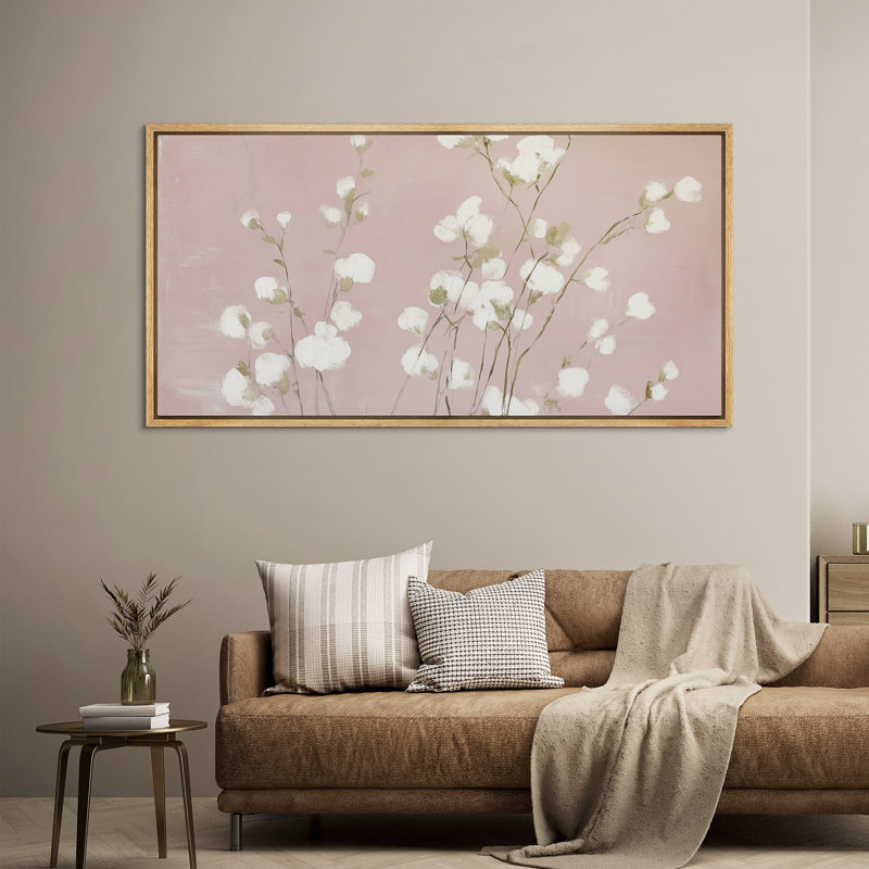 Soft Pink Floral Branches on Blush Background Botanical Wall Decor - Large Framed Canvas Master Bedroom Wall Art Print
