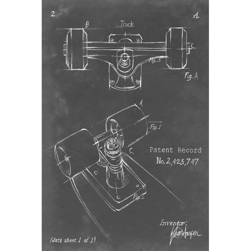 Skateboard Blueprint II by Ethan Harper - Wrapped Canvas Print, 30 cm H x 20 cm W