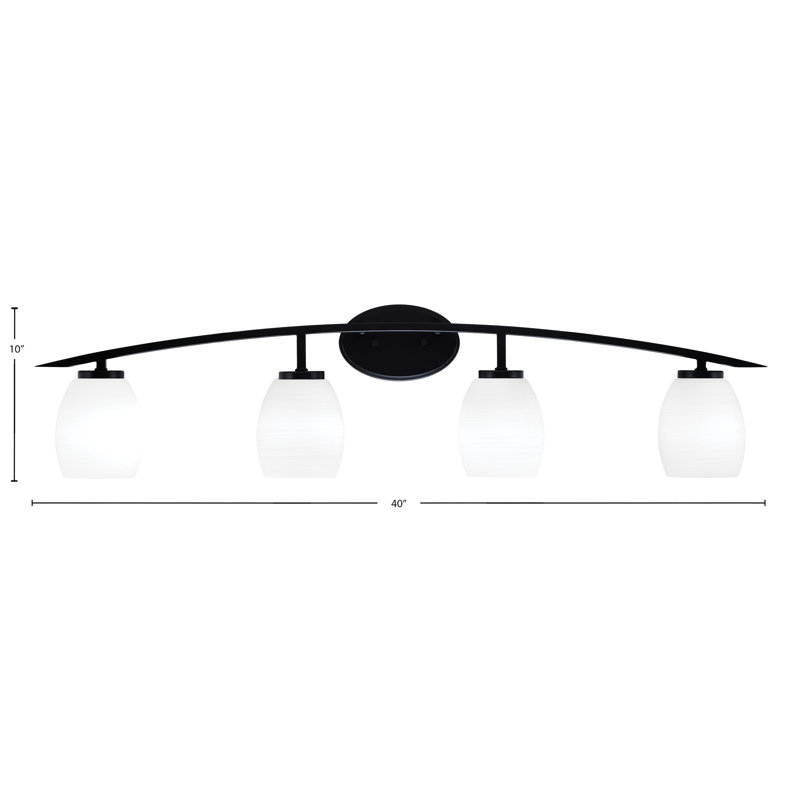 Barre d'éclairage de salle de bain 4 lumières avec verre en lin blanc 5 po Kurve, Noir mat