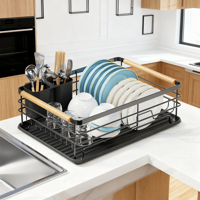 Small Dish Drying Rack For Kitchen Counter With Wooden Handles, Thickened Rust-Resistant Metal Frame, No Assembly Required, Compact Dish Drainer For Small Spaces