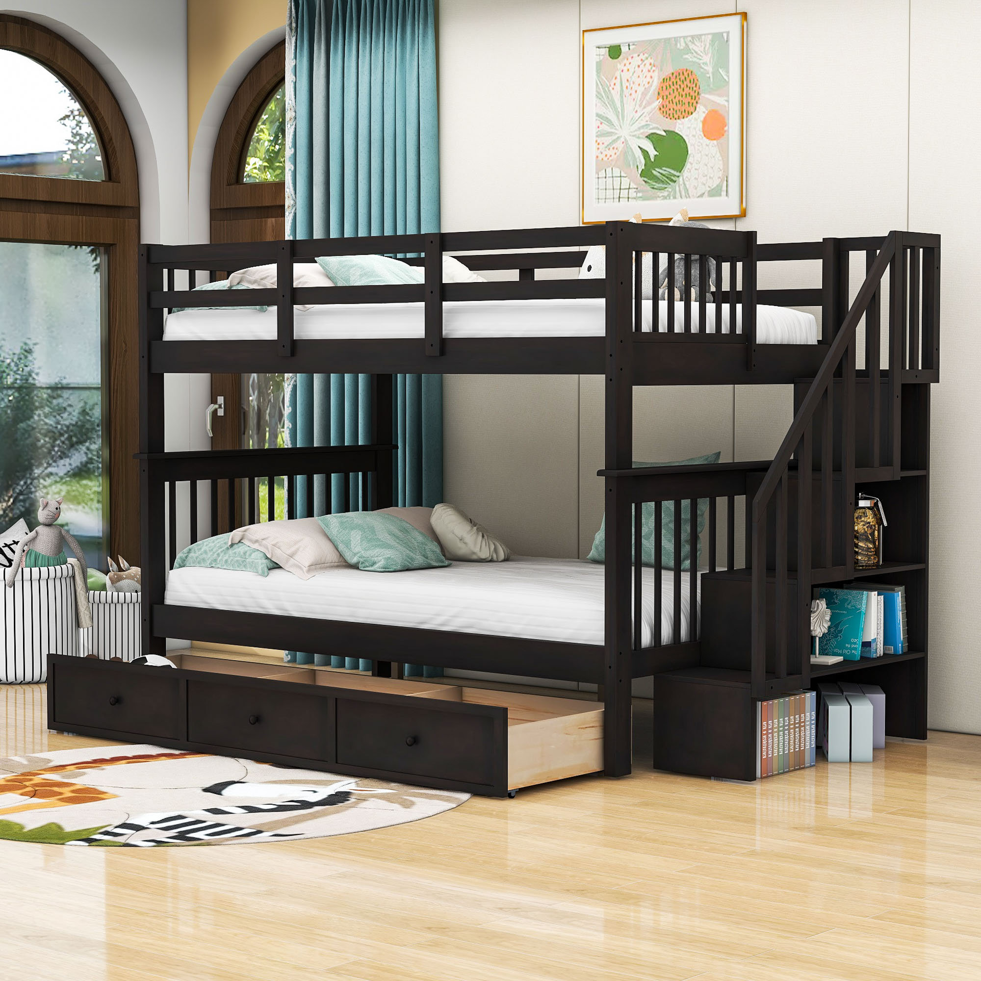 Harriet Bee Harolene Kids Full Over Full 3 Drawers Wood Bunk Bed with ...