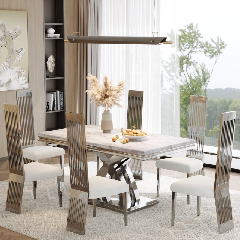 Ensemble de table de salle à manger 7 pièces blanc et argent avec 7 chaises blanches Boucle, Argent argent, Argent argent