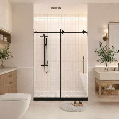 56-60" W x 76" H Frameless Single Sliding Shower Door, 1/4" Tempered Glass, Matte Black