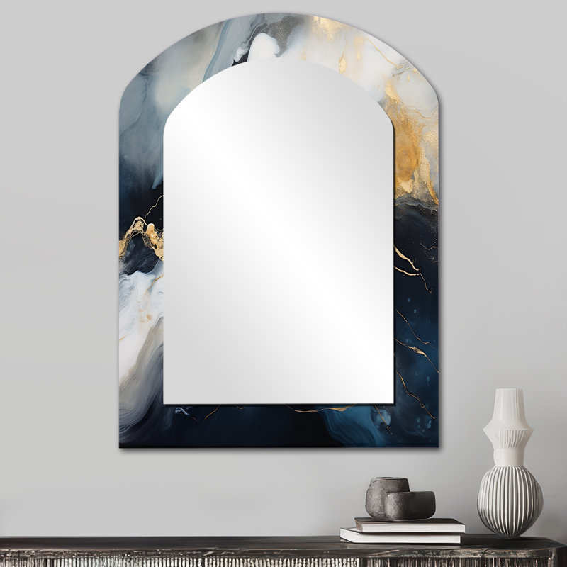 Or et bleu abstrait encre de marbre I - marbre unique asymétrique miroir mural, miroir arche moderne, impression d'art en métal