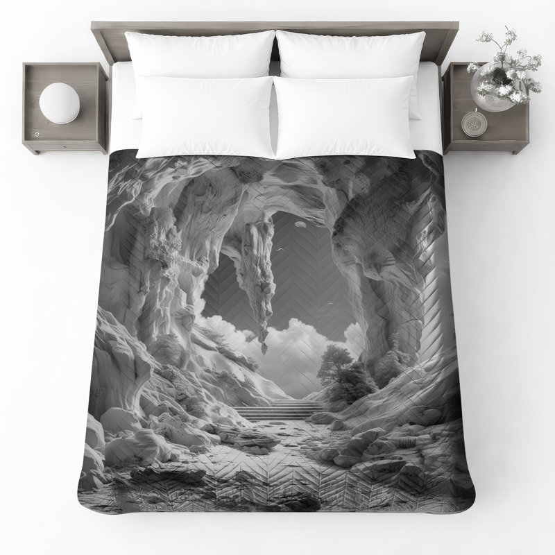 Monochrome Rocky Landscape Quilted Bedspread All Sizes, Twin
