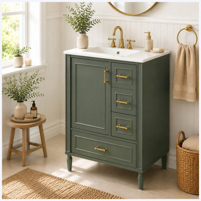 Meuble-lavabo moderne de 24 po avec lavabo en céramique, porte à fermeture douce, 3 tiroirs, poignées dorées et support de rangement