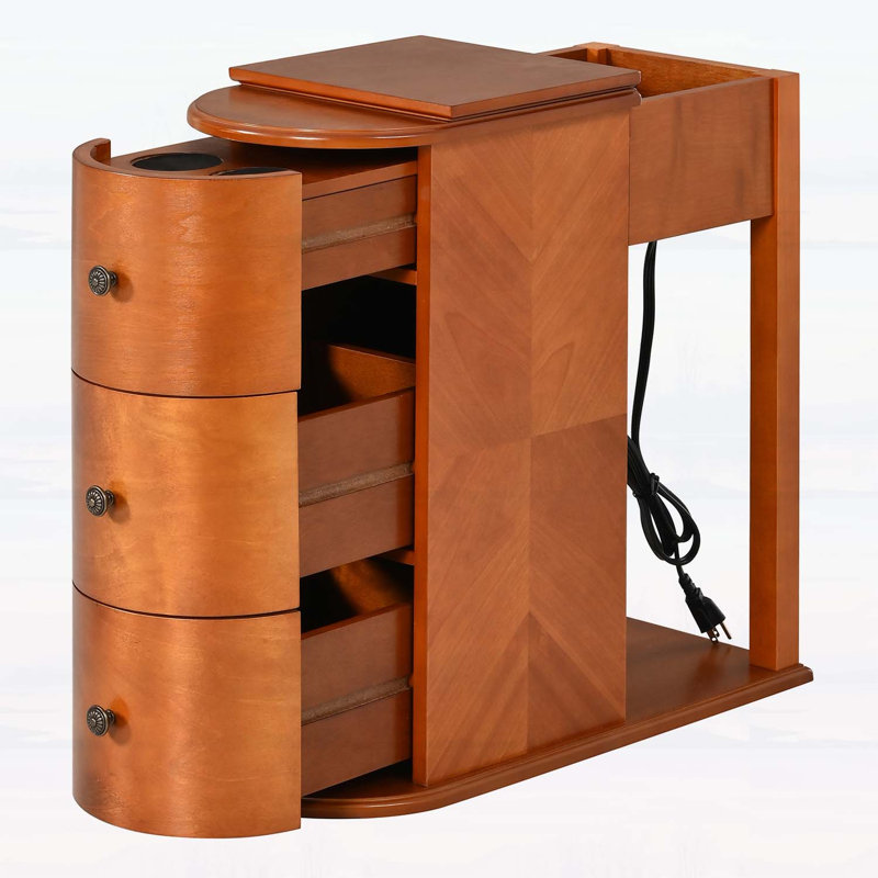 Table de bout moderne avec porte-gobelet caché, station de charge et table d'appoint coulissante, table de chevet en bois avec 2 tiroirs de rangement, conception compacte pour la chambre à coucher et le salon