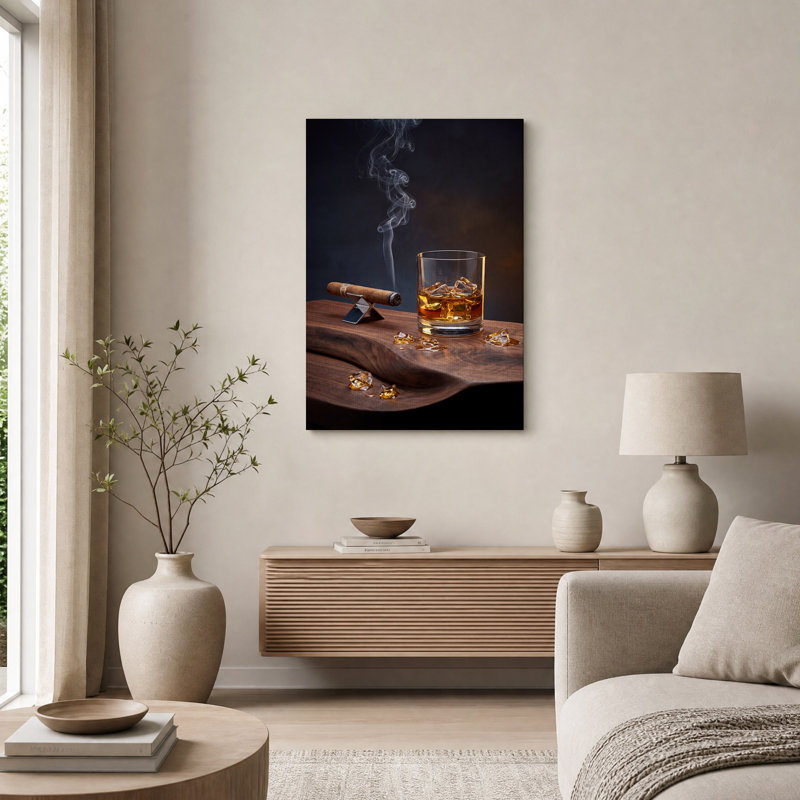 Tableau mural en toile représentant un whisky avec glaçons et un cigare., 30"H x 20"W