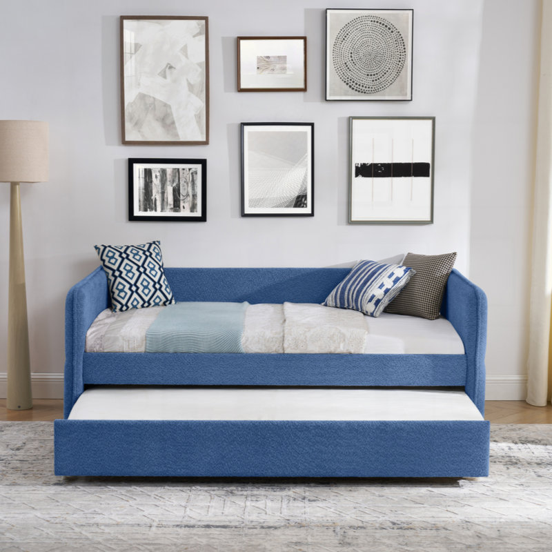 Lit de jour avec canapé-lit tapissier capitonné Popup, Bleu, Lit simple