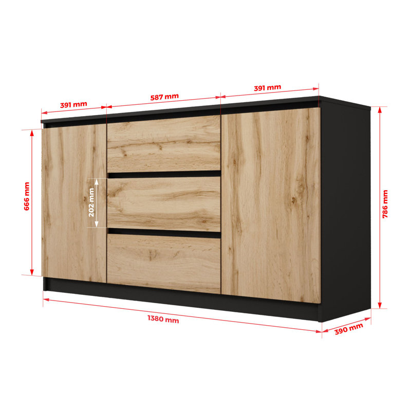 3 - Drawer Chest of Drawers, Black/Wotan oak