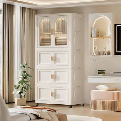 25.59" Side Wide Folding Wardrobe , 25.59"×15.75"×70.87 ", With Magnetic Door, Plastic Storage Cabinet With Wheels