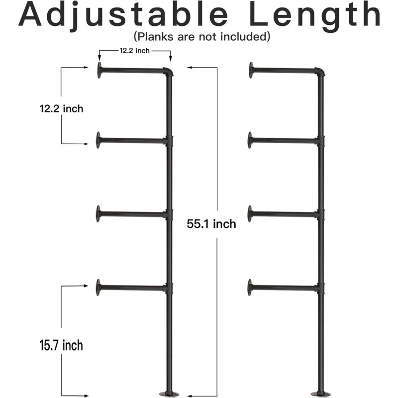 4 Tier Farmhouse D.I.Y Iron Pipe Shelf Wall Mount Open Bookshelf (Wooden board not included), 4 Tier
