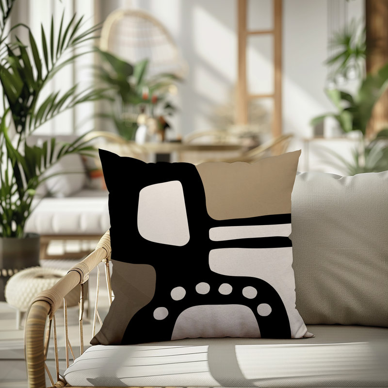 Oreiller carré réversible intérieur / extérieur Tobe Minimalist, H 15 po x l 15 po, Beige / noir / blanc cassé