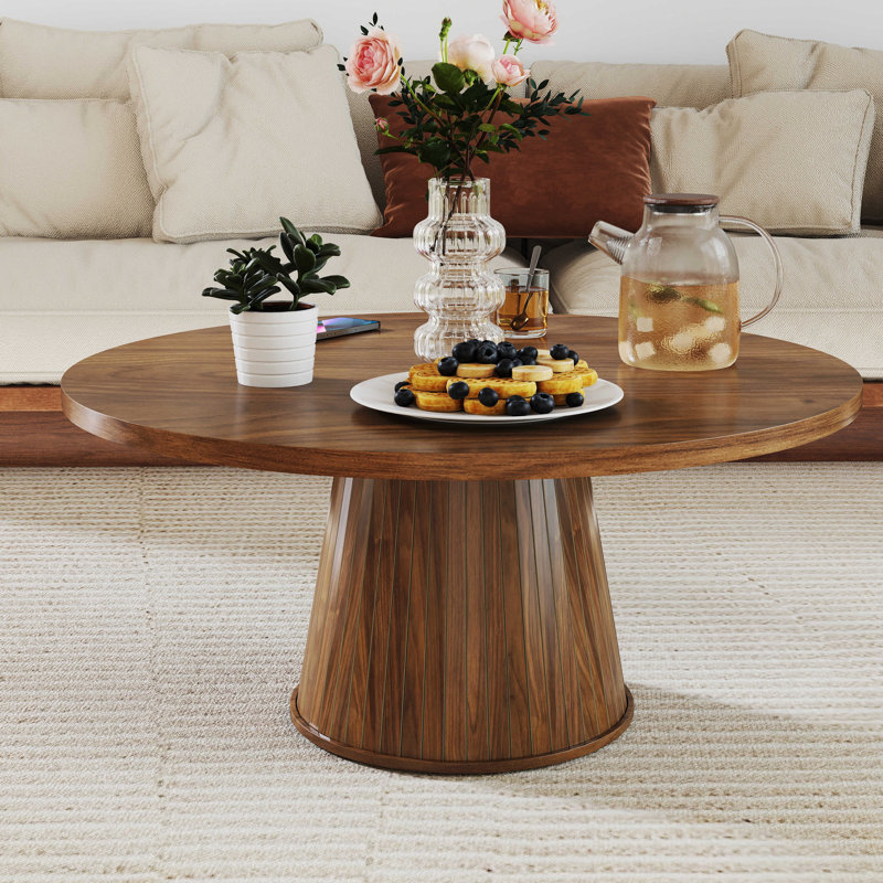 31.5" Fluted Round Coffee Table, Small Center Table For Living Room, Mid Century Modern Coffee Table, Walnut