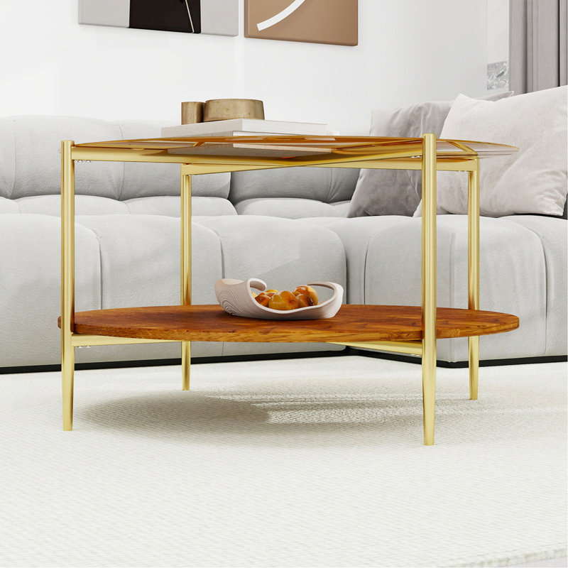 Table basse ronde moderne dorée double couche + verre trempé + rangement et décoration + 32,28 po de diamètre + couleur or