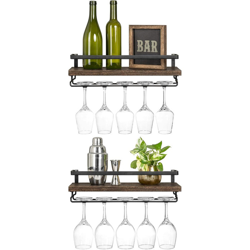 Ensemble de 2 porte-bouteilles muraux rustiques en bois flottant avec porte-verre, 17 po