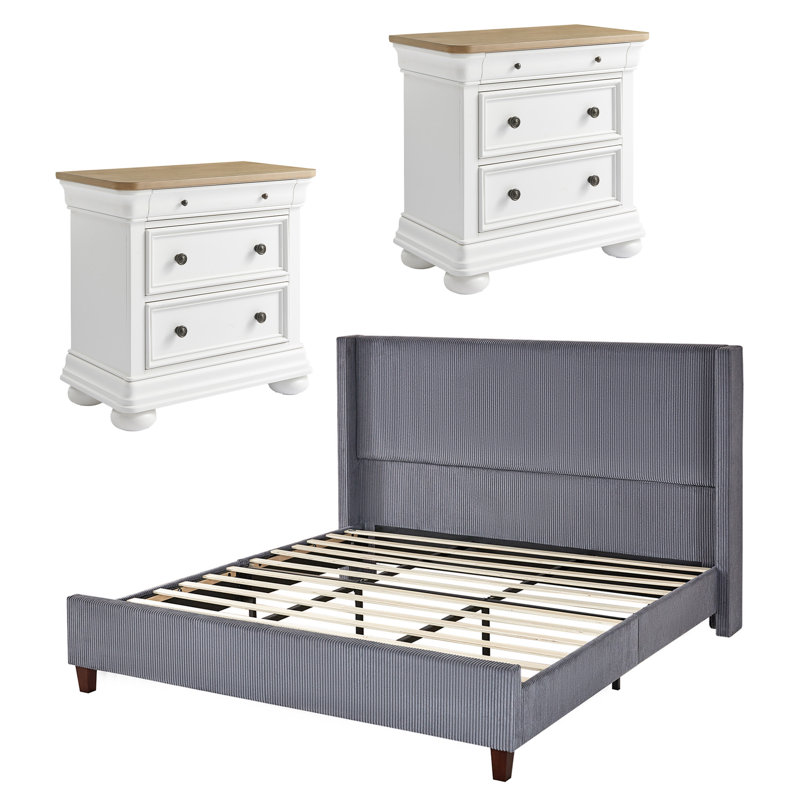 Ensemble de chambre à coucher Dulane 3 pièces, style classique vintage et moderne, pour lit grand format, gris, gris, Grand