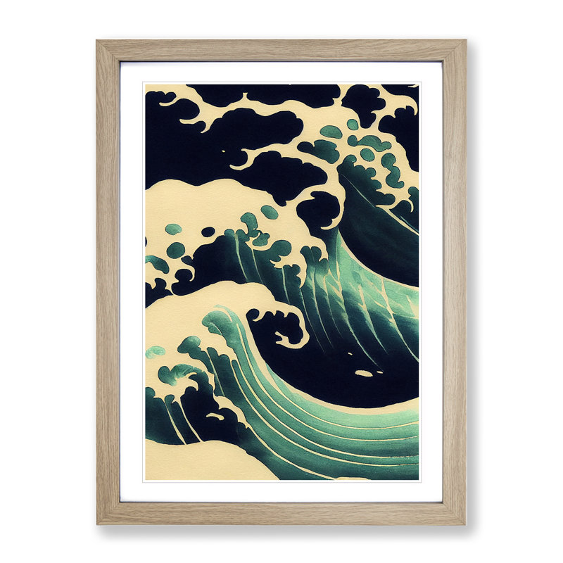 Awesome Japanese Wave - Single Picture Frame Painting, 46cm H x 34cm W x 2cm D, Oak Framed