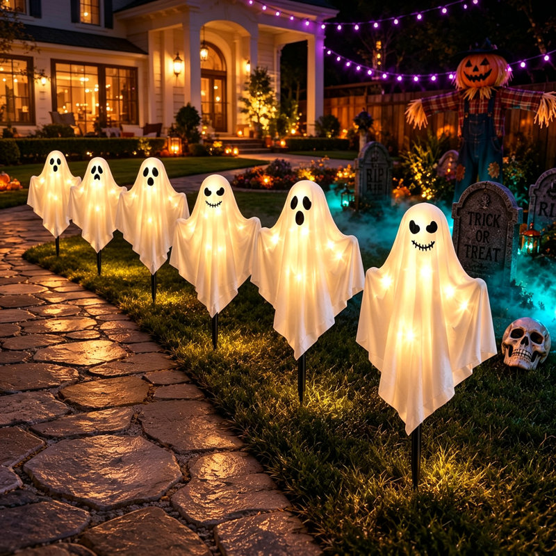 Décorations d'Halloween fantômes solaires, ensemble de 3 lampes fantômes en tissu avec 8 modes d'éclairage, décoration extérieure pour pelouse, porche, allée ou jardin.