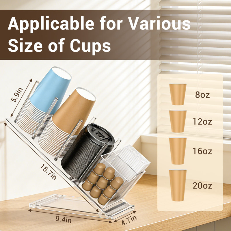 Acrylic Coffee Pod and Cup Organizer, Clear 4-Compartment Countertop Holder for Cups, Lids, Straws and Capsules, Adjustable 4-Level Rack