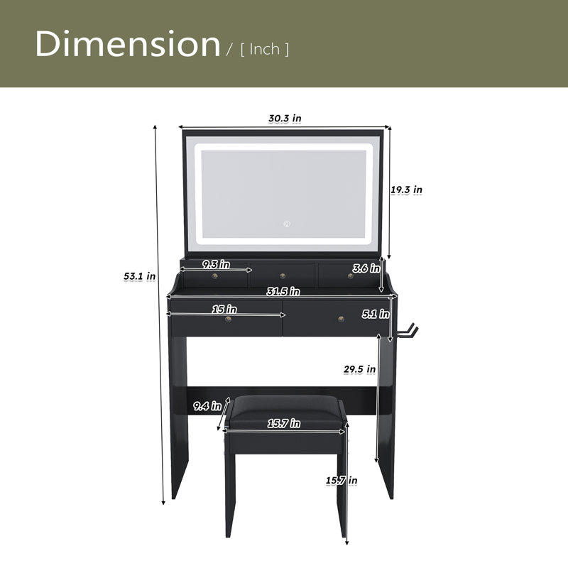 Nouveau grand bureau de meuble-lavabo à miroir pour chambre à coucher, ensemble de meuble-lavabo moderne avec prise de courant et support pour sèche-cheveux, 5 tiroirs